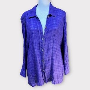 CHICOS SHEER PURPLE BLUE BLOUSE BUTTON DOWN 3/4 LENGTH SLEEVES SIZE 1